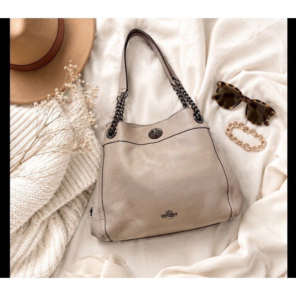 Coach Edie Turn lock Taupe Pebbled Leather Shoulder Bag Purse Satchel 36855